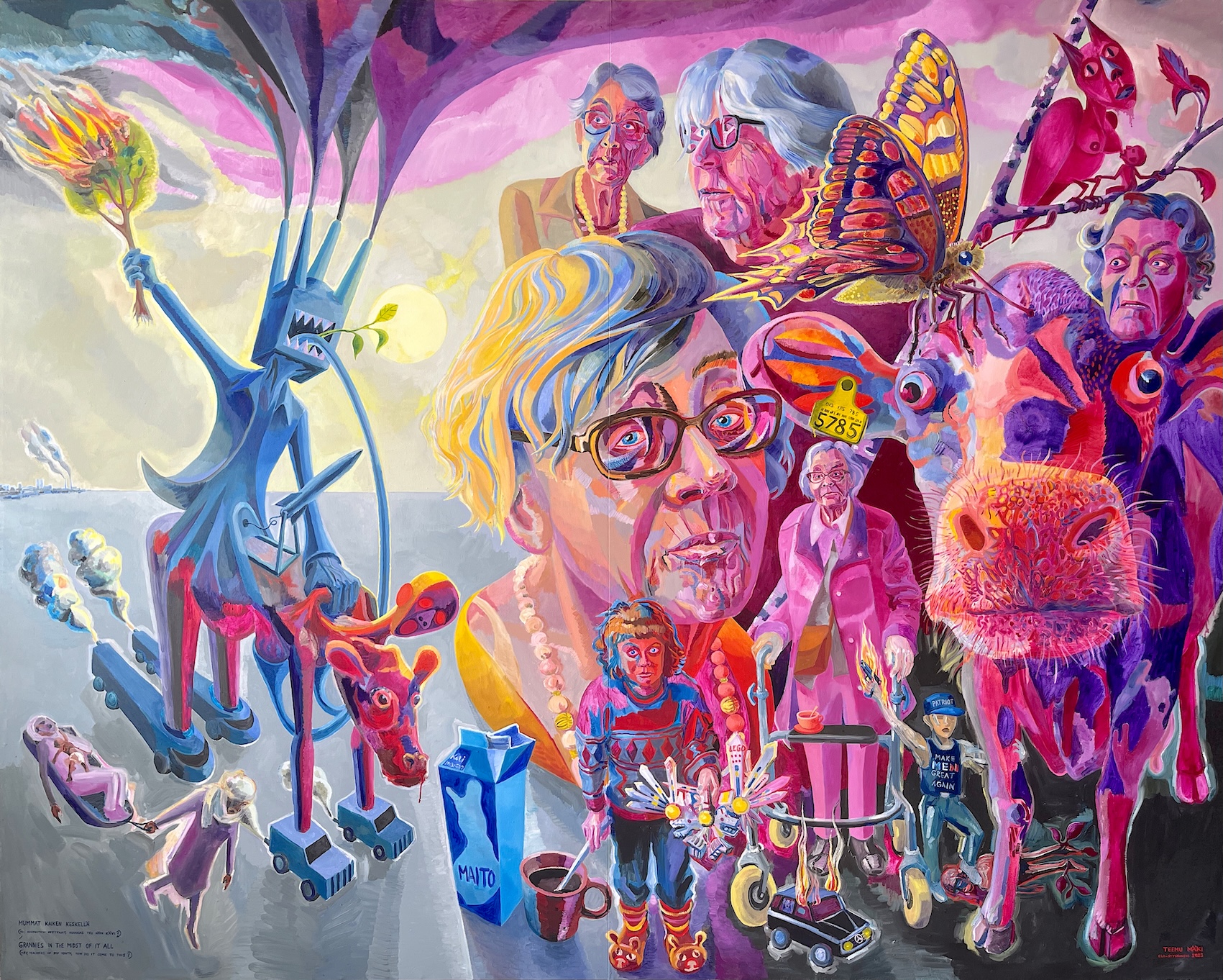 Mummat kaiken keskellä / Grannies in the Midst of It All, oil painting by Teemu Mäki